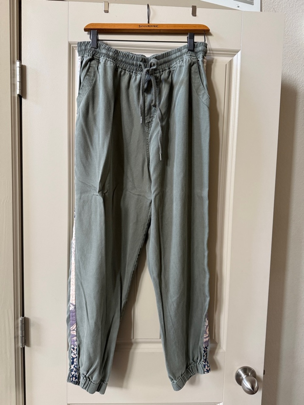 Women’s Drawstring Jogger Pants - Sage Green with patterned side trim.